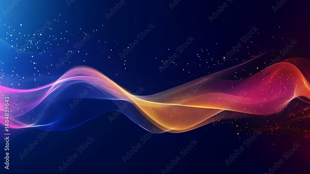 Poster abstract waveform graphic background with colorful gradient and sparkling particles for digital medi
