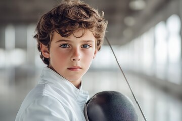 Young fencer boy stands confidently with fencing sword in training hall