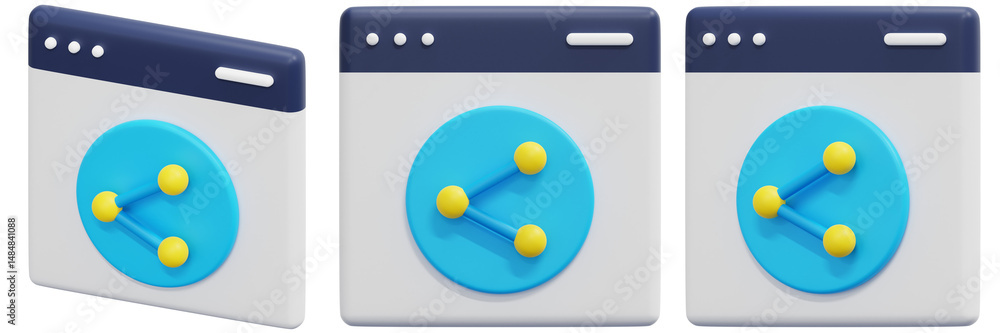 Poster set of 3d render of network share icons blue and yellow network connections on white background 3d r