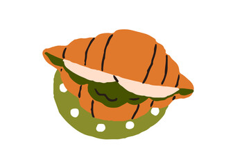 Croissant sandwich with pesto sauce and mozzarella cheese. Savory food, snack, vegetarian bakery, dish stuffed with filling, served for breakfast. Flat vector illustration isolated on white background