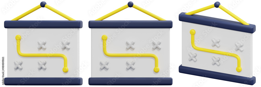 Poster set of 3d rendered strategy flowcharts yellow path 3d render icon illustration