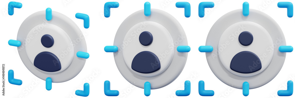 Poster set of 3d white circular icons with dark blue person symbols and bright cyan targeting elements 3d r