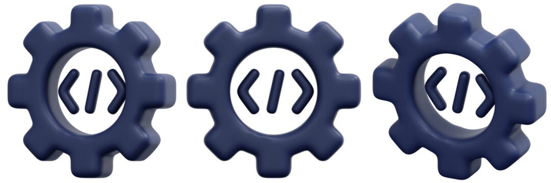 Set of 3D Rendered Dark Blue Gears with Code Symbol 3d Render Icon Illustration