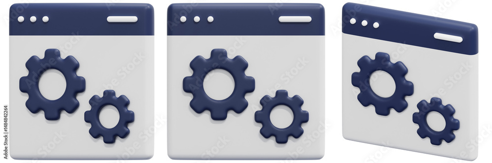 Poster set of gears on webpage interface 3d render icon illustration