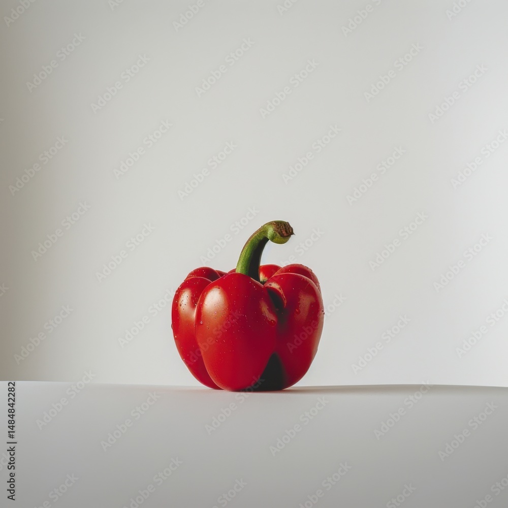 Poster bright red bell pepper positioned on a simple surface against a minimalistic background during soft 
