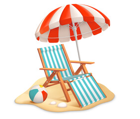 Fototapeta na wymiar Realistic tropical beach with sun lounger, umbrella, and ball. Summer vacation concept vector illustration 
