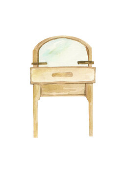 recommend clip art: Watercolor Vanity Table with Mirror Illustration: Elegant Dressing Table for Bedroom, Hand Painted Furniture, Clipart