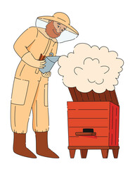 Man beekeeper in protective suit holding fumigating bee hive with smoke
