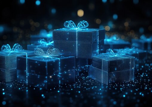 Stack of glowing gift boxes, abstract design