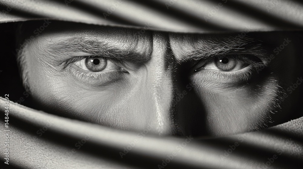 Poster intriguing close-up of a person with piercing eyes partially concealed by fabric in a mysterious set