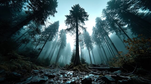 Majestic tall trees standing in a foggy forest under soft morning light with a peaceful stream flowing nearby - Powered by Adobe