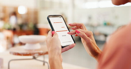 Hands, woman and phone screen with invoice of small business for order, service quote and pottery...