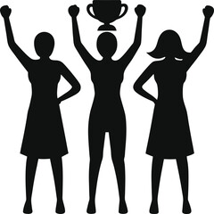 Three Silhouettes of Women Celebrating a Victory with a Trophy