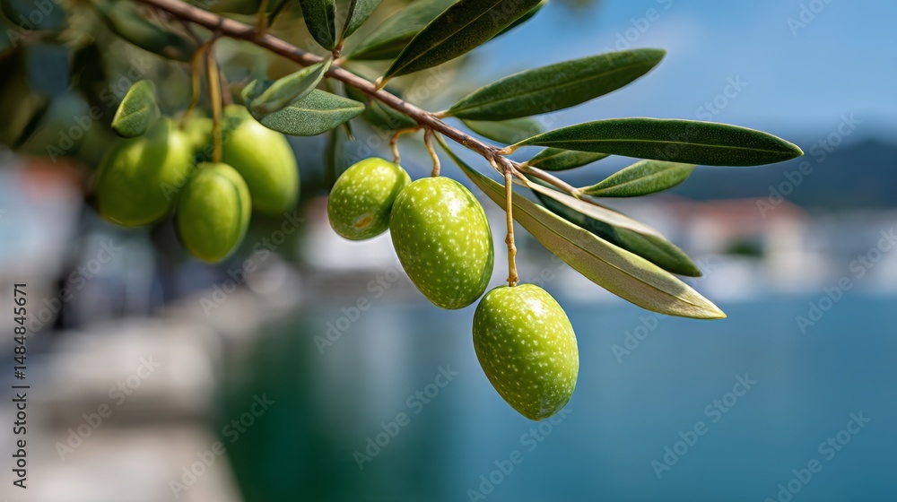 Poster branch of olive trees with three olives hanging from it. the branch is in front of a body of water