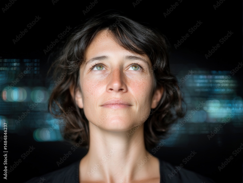 Poster woman gazing upward with a contemplative expression in a digital atmosphere surrounded by abstract l