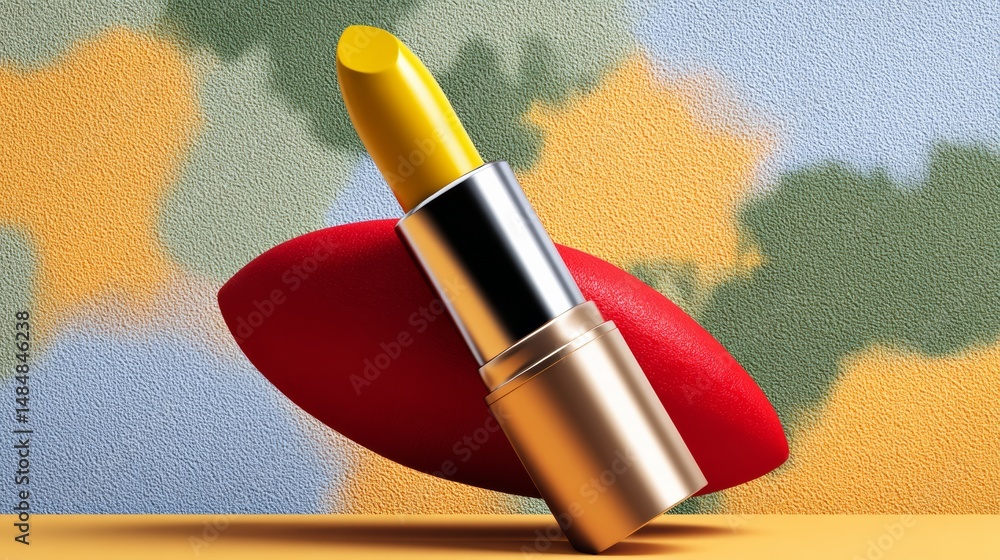 Poster yellow lip stick is placed on top of a red cushion. the lip stick is positioned in the center of the