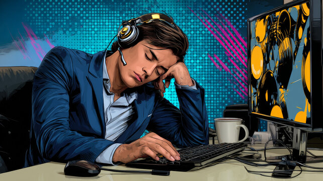 businessman sleeping at the computer. Fatigue at work. Pop art retro vector illustration