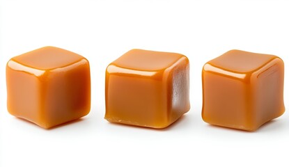 Three caramel candies arranged in a row against a plain background. Smooth texture. Sweet treat.