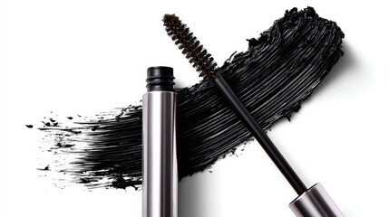 Black mascara brush is shown next to a black line of mascara. The brush is in the middle of the line, and the line is on the right side of the brush. Concept of makeup application