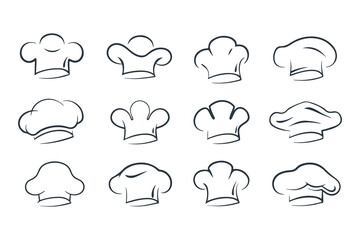Line Art Set of Chef Hat Icons. Minimalist Hand Drawn Kitchen and Culinary Symbols for Restaurant, Bakery, or Cooking Logo Design Vector Illustration