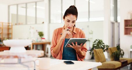 Pottery, thinking and woman with tablet in workshop for stock management, clay supply and online order. Small business, potter and digital checklist for account invoice and sales tracking in studio