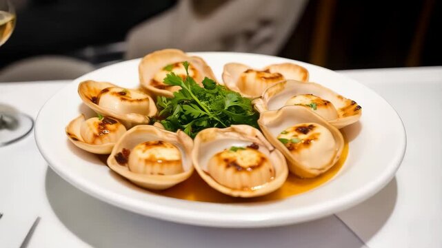 scallops served in shells with sauce and fresh herbs on a ceramic plate