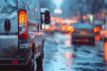 Delivery van with damage at accident scene