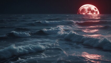Blood Moon Rising Over Ocean Waves