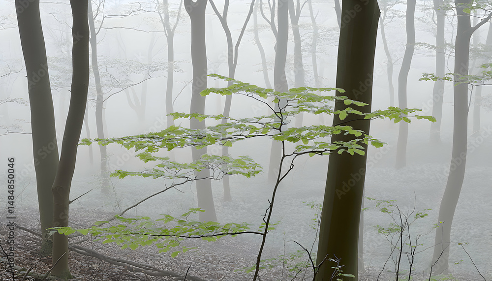 Poster serene misty forest scene with delicate new spring leaves emerging on branches, creating a tranquil 