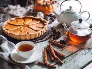 Fototapeta premium Table with homemade pumpkin pie, cinnamon sticks, and warm tea in a rustic kitchen setting, evoking a cozy autumn atmosphere Generative AI