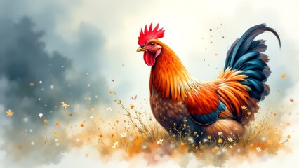 Fototapeta premium Stunning full body portrayal of rooster, rendered in soothing watercolor tones on textured paper.