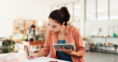 Pottery, writing and woman with tablet in studio for inventory management, lesson schedule and online stock order. Small business, paperwork and digital app for sales invoice and planning in workshop
