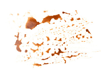 Spilled chocolate milk isolated, hot chocolate puddle, liquid stain, coffee splatter, brown latte