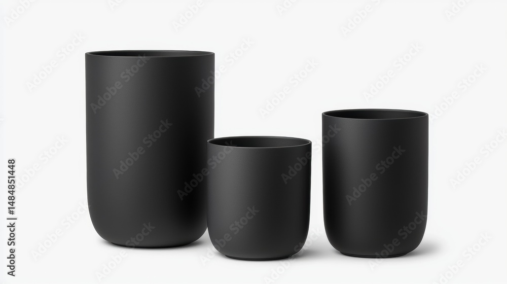 Poster three black vases of different shapes and sizes.