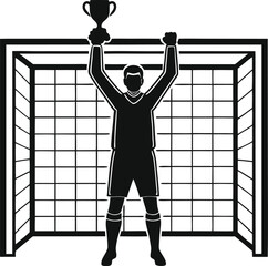 Goalkeeper Celebrating Victory with Trophy in Goal