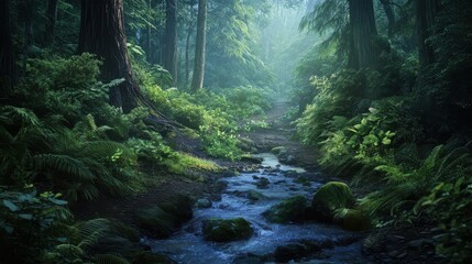 Obraz premium A serene forest scene with a stream running through dense foliage and tall trees