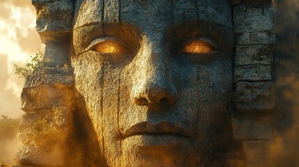 Umber shadows dance across the face of a colossal, stone idol