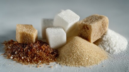 Variety of brown and white sugar types on display.