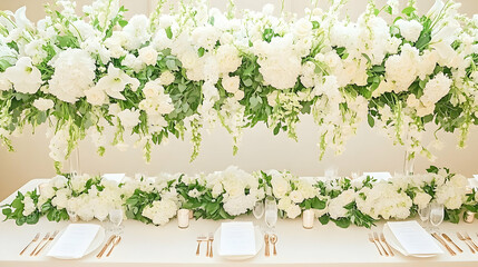 Exquisite wedding table setting adorned with lush, cascading white floral arrangements of hydrangeas, roses, and lilies, creating a romantic and elegant atmosphere.