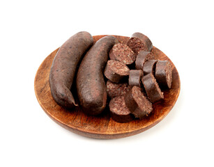 Black pudding isolated, blood sausage kaszanka, traditional Polish terrine, brawn sausages on white