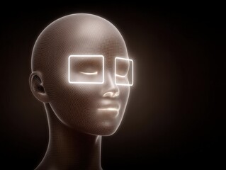 Abstract visualization of a digital mannequin wearing futuristic glasses conveying innovation empowerment and technology identity in a minimalist artistic design