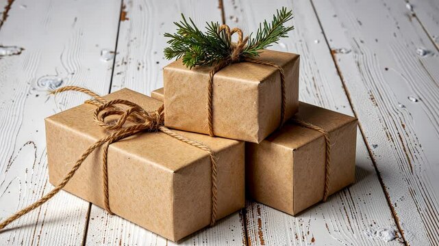 Wrapped gifts with twine and greenery on rustic wooden background  
