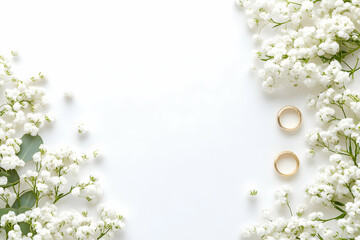 Elegant wedding invitation template with white gypsophila flowers and gold wedding rings on a white background. Perfect for announcements or save-the-date designs.