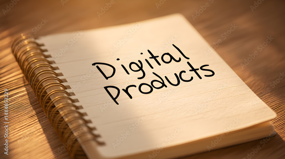 Poster notebook with digital products wording, focus on knowledge, written and arranged in spiral notebook