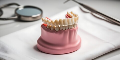 Dental model of human teeth and gums placed on medical cloth with dental tools and mirror, used for oral hygiene education, professional dental care and anatomy demonstration


