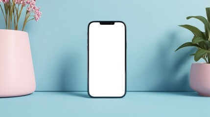 Smartphone with blank screen between pink vase and potted plant on blue background.