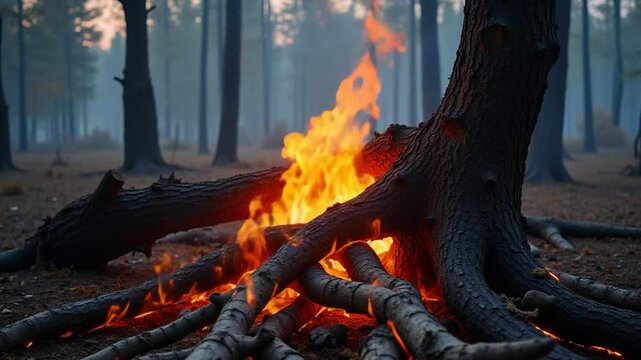 Forest fire with fallen tree is burned to the ground