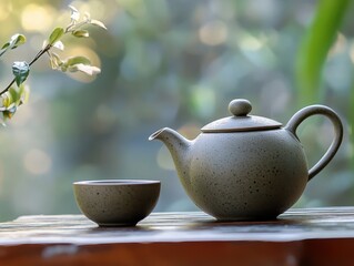 Teapot and Tea Cup on a Wooden Surface with Natural Background