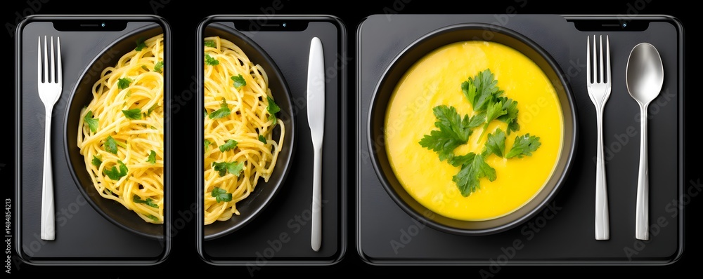 Poster modern food delivery mobile app kit template featuring a sleek user interface design, vibrant color 