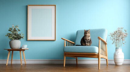 Cat sits on armchair in room with picture frame and plants.